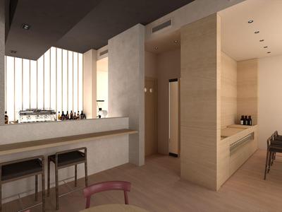 Modern interior with minimalist bar, stools, and warm wooden accents.