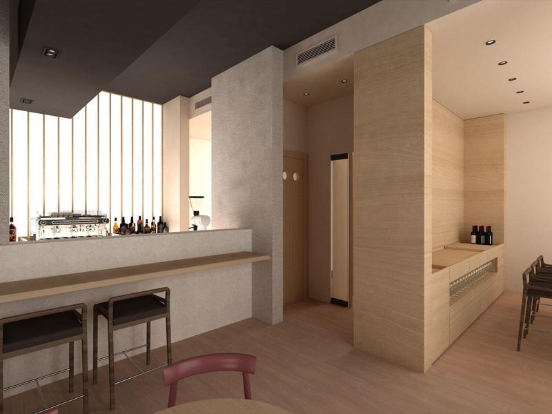 Modernes Hotelzimmer mit minimalistischem Design und Bartresen mit Hockern.