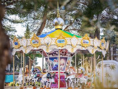Bunter Karussell mit Pferden in einem Park, umgeben von Bäumen und grüner Natur.