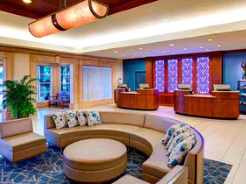 Moderne Hotellobby mit runder beiger Couch, Teppich, Pflanzen und Rezeption im Hintergrund.