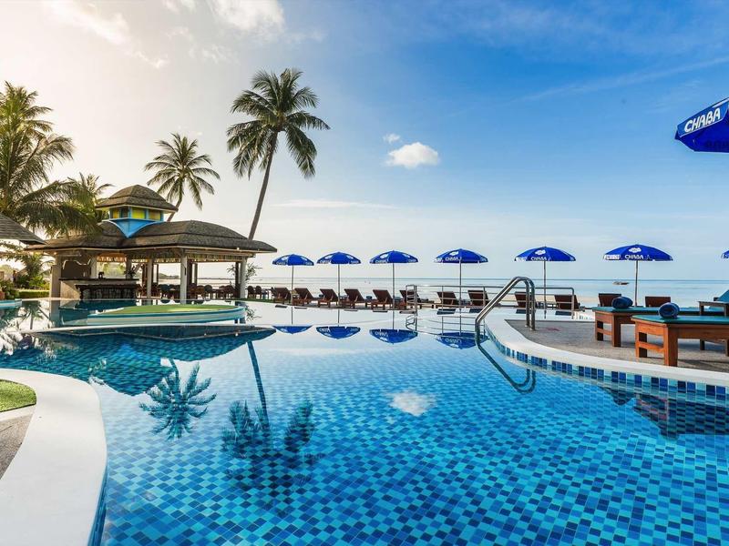 Großer Pool mit blauen Liegen und Sonnenschirmen, Palmen und klarem Himmel im Hintergrund.