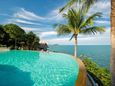 Infinity-Pool mit klar blauem Wasser, Palmen, grünem Ufer und weitem Blick auf das Meer.
