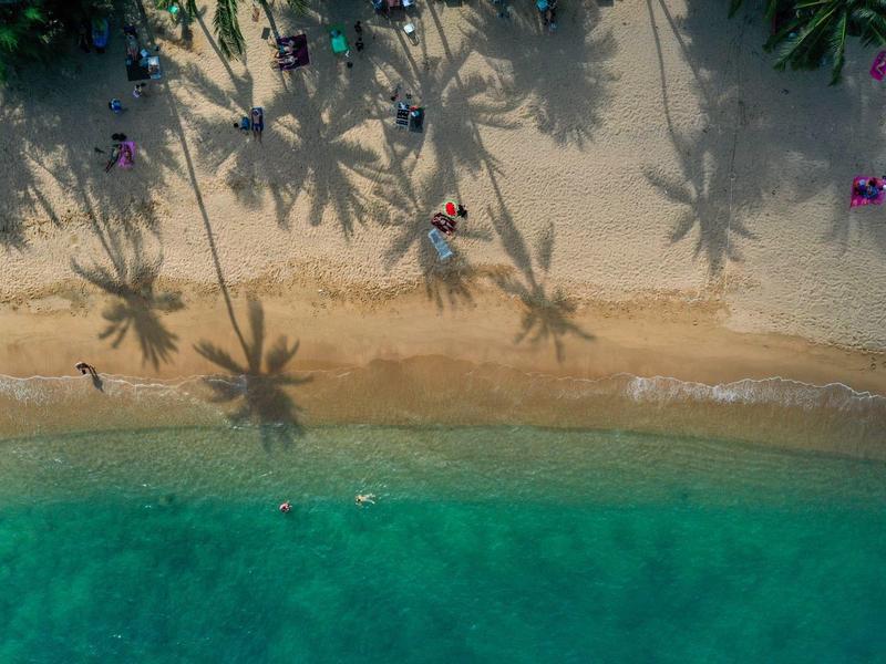 Klarer blauer Ozean trifft auf goldenen Sandstrand mit Palmen und kleinen Menschen darauf.