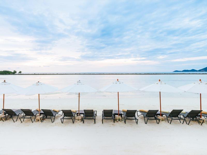 Playa con filas de tumbonas y arena clara bajo un cielo nublado.