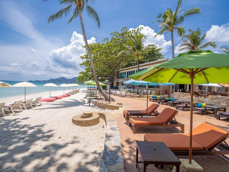 Pláž s lehátky, zelenými slunečníky a palmami pod modrou oblohou.