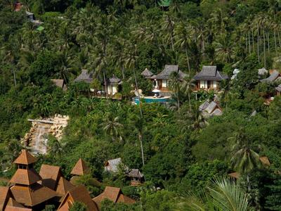 Ein Luxushotel mit Pool umgeben von dichtem, grünem Dschungel auf einem hügeligen Terrain.