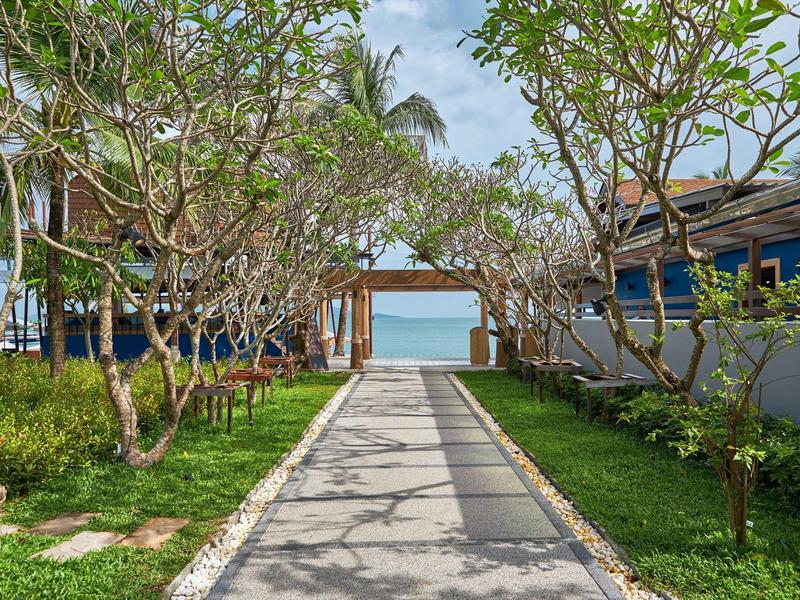 Gepflasterter Weg zwischen Bäumen führt zu Meerblick an einem Hotelresort.