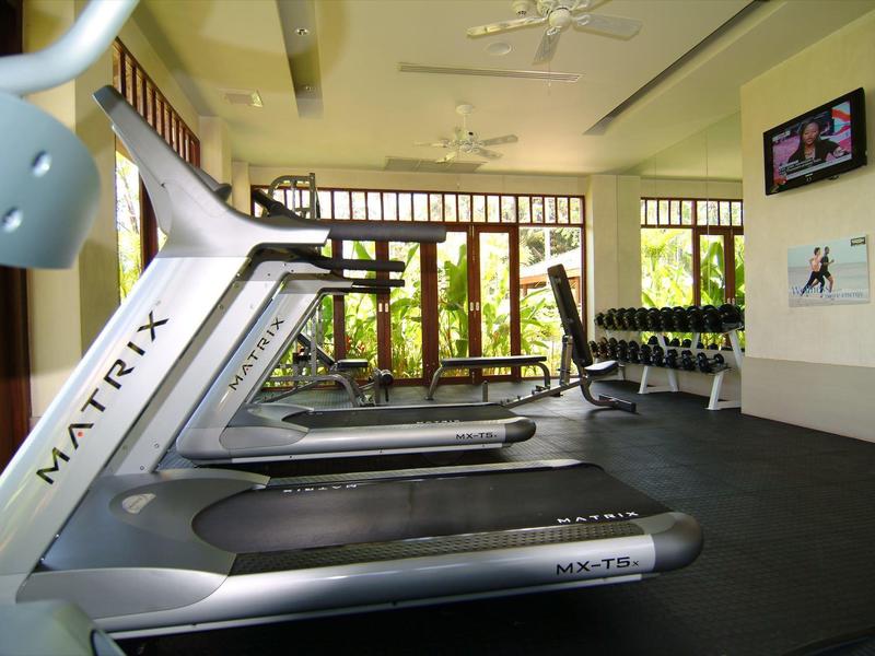 Moderní posilovna s běžeckými pásy a činkami, velká okna s výhledem na zeleň.