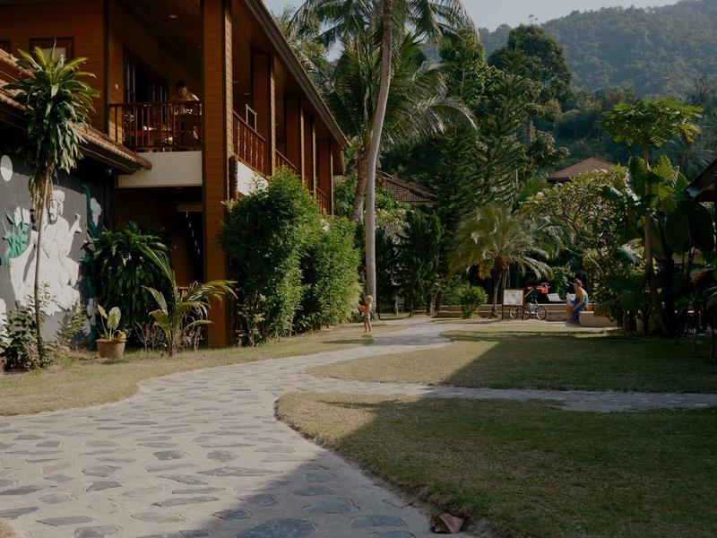 Weg zwischen Holzhäusern mit Pflanzen, grünem Gras und Bergen im Hintergrund bei Sonnenschein.