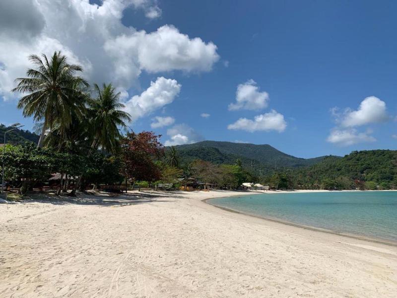 Weißer Sandstrand mit Palmen, blauem Himmel und ruhigem türkisfarbenem Meer, im Hintergrund grüne Hügel.