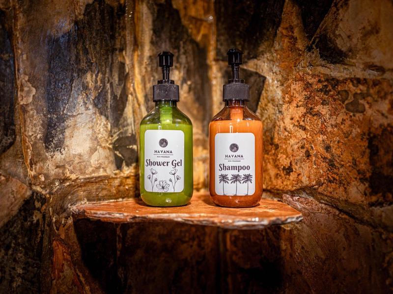 Zwei Flaschen Duschgel und Shampoo stehen auf einem Holzstumpf vor einer rustikalen Steinwand.