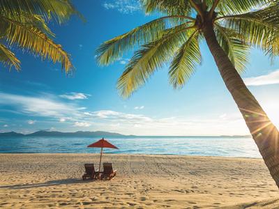 Plaża z palmami, parasolem i dwoma krzesłami przy spokojnym morzu o zachodzie słońca.