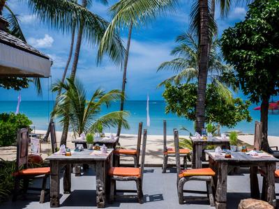 Otwarta restauracja z widokiem na tropikalną plażę i palmy pod błękitnym niebem.