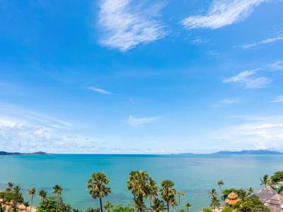 Vue panoramique sur la mer tropicale avec des palmiers sous un ciel bleu avec quelques nuages.