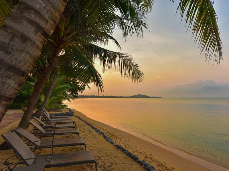 Puste leżaki na piaszczystej plaży pod palmami o zachodzie słońca nad spokojnym morzem.