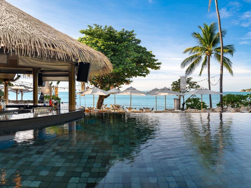 Piscine à débordement avec palmiers, ciel clair et vue sur l'océan dans un complexe tropical.