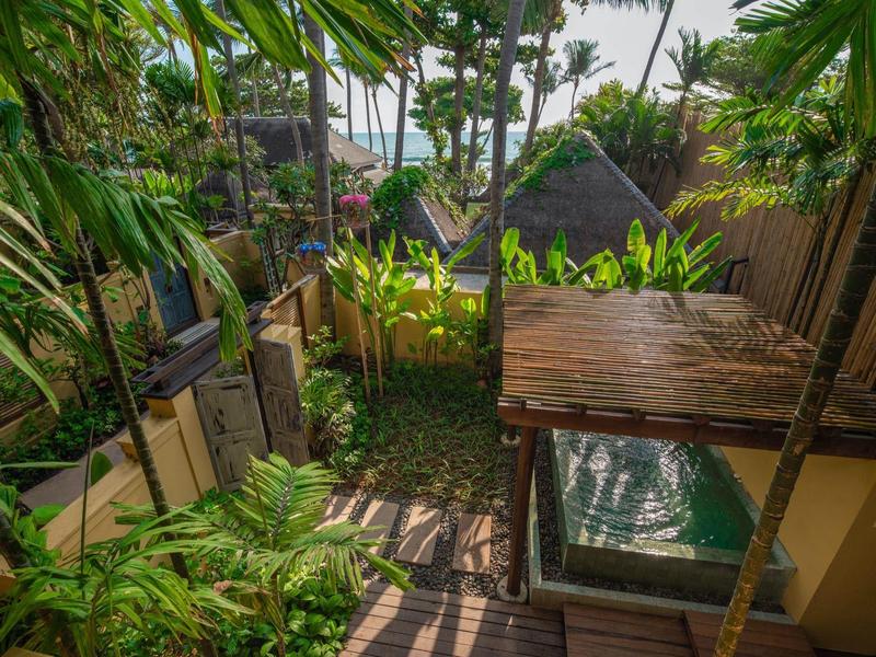 Vista di un giardino tropicale con passerella in legno e bungalow circondati da vegetazione rigogliosa.