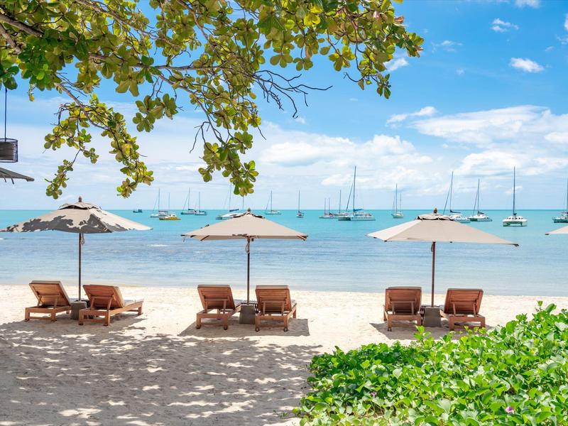 Playa soleada con tumbonas y sombrillas junto al mar tranquilo bajo cielo azul.