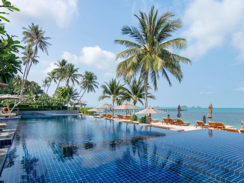 Piscina infinita con vista al océano y palmeras en la playa de un hotel tropical.