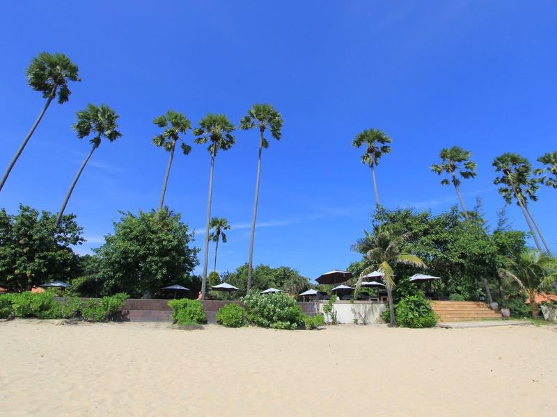 Palmbomen en struiken voor een hotel op het strand onder een heldere blauwe lucht.