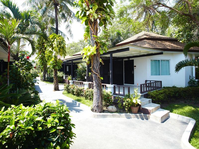 Bungalów w tropikalnym ogrodzie z utwardzoną ścieżką i palmami