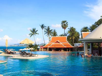 Großer Pool mit Liegestühlen und Palmen an einem sonnigen Urlaubsort.