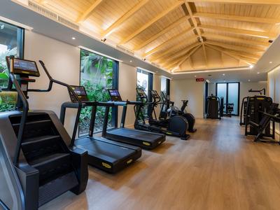 Palestra moderna con varie attrezzature per esercizi e pavimento in legno sotto un soffitto alto in legno.