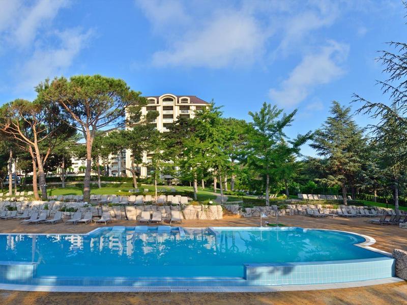 Großer Pool mit blauer Wasserfläche, umgeben von Stühlen und grünen Bäumen unter blauem Himmel.