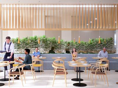 Modernes Café mit Holzvertäfelungen, grünen Pflanzen und Gästen an Tischen mit Servicepersonal.