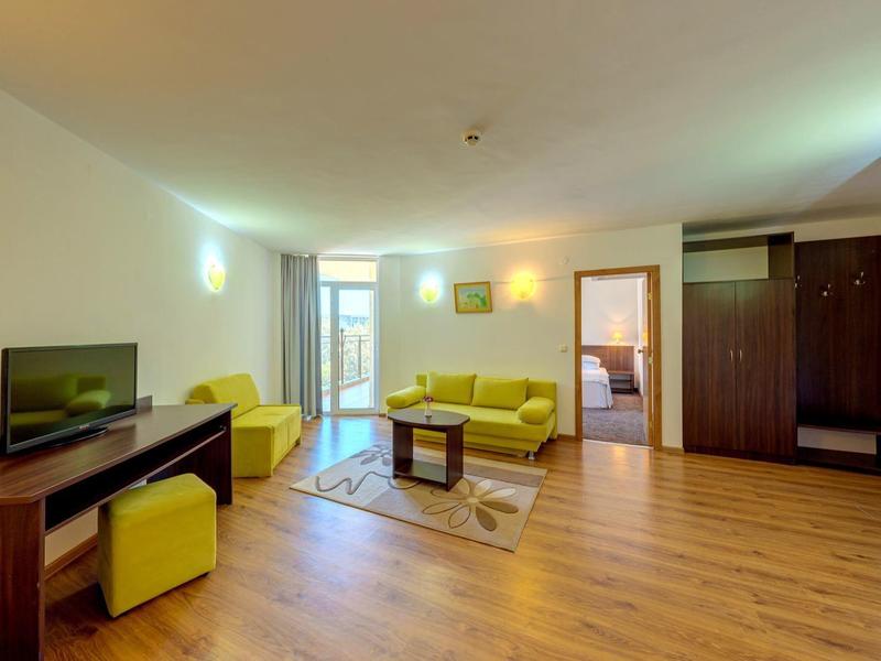 Habitación de hotel luminosa con suelo de madera, sofá, televisor y acceso a balcón y baño.