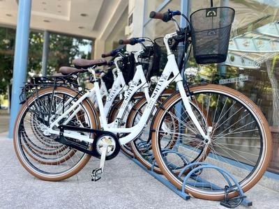 Bicicletas blancas con cestas alineadas ordenadamente frente a un edificio.