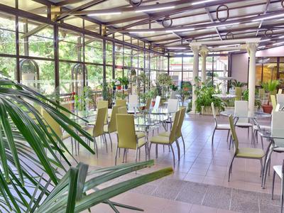 Helles Restaurant mit großen Fenstern und grünen Pflanzen, moderne Möbel und helle Stühle.