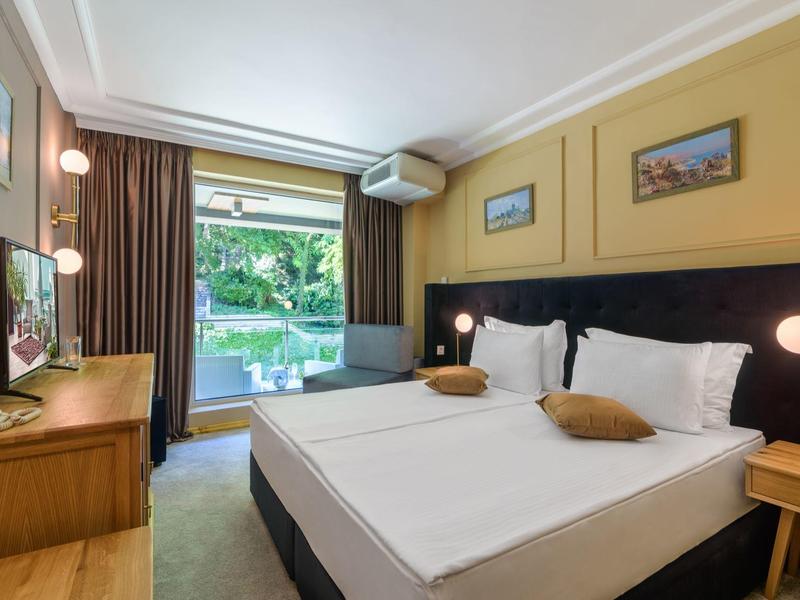 Camera d'hotel accogliente con letto matrimoniale, TV, scrivania e vista sulla piscina.