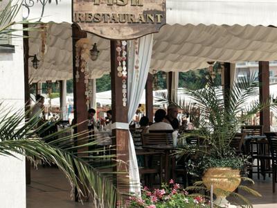 Outdoor covered restaurant area with plants and wooden sign.