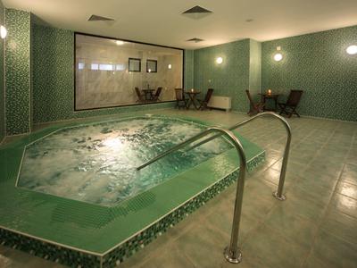 Indoor jacuzzi with green tiled basin and subdued lighting