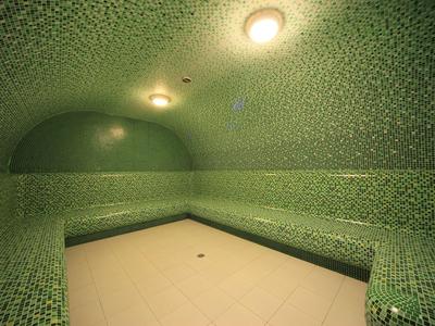Lit steam room with green mosaic tiles and rounded walls.