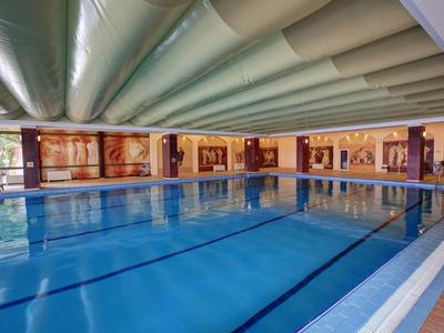 Heated indoor pool with clear blue water and decorative murals around the walls.