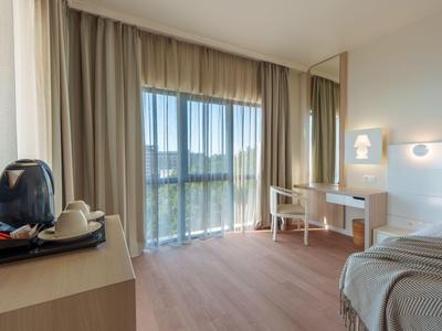 Bright hotel room with wooden flooring, double bed, desk, and floor-to-ceiling windows with curtains.