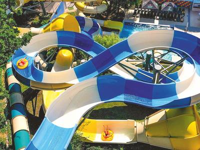 Colorful water slide in a water park surrounded by green plants.