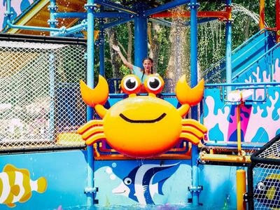 Bunte Krabben-Schaukel mit fröhlichem Gesicht in einem bunten Themenpark mit Meerestier-Motiven.