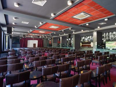 Large modern conference room with rows of chairs and stage with red carpet.