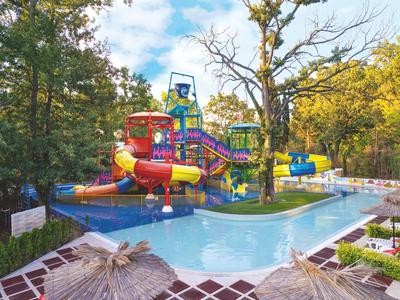 Colorful water playground with slides and pool, surrounded by trees and hotel area.
