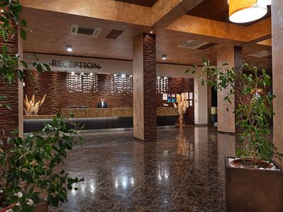 Hotel lobby with reception, granite floor, and green potted plants.