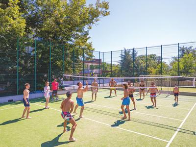 A group of people playing volleyball on a sunny outdoor court with green artificial grass.