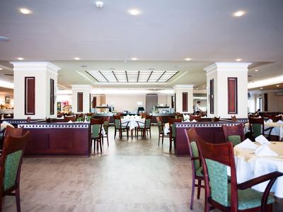 Ampia e luminosa sala da pranzo con molti tavoli e sedie verdi in un hotel.