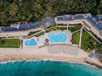 Aerial view of a hotel with pools on the beach and forest background.