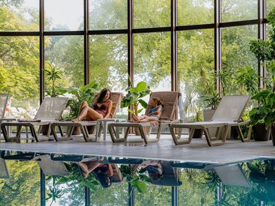 Piscine intérieure avec chaises longues et grandes fenêtres donnant sur des arbres verts.
