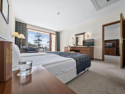 Bright hotel room with double bed, window overlooking an outdoor terrace, and wooden paneling.