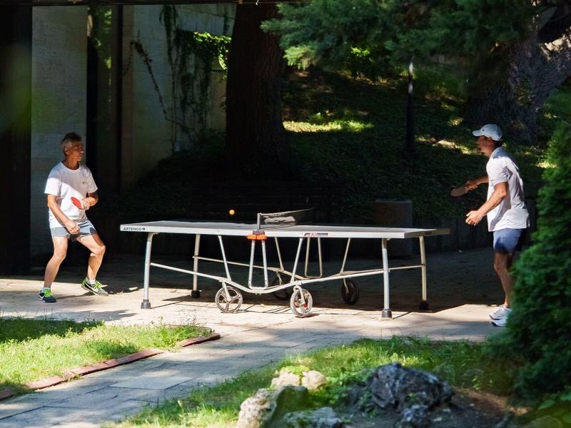 Two people playing table tennis in a shaded garden beside a hotel.