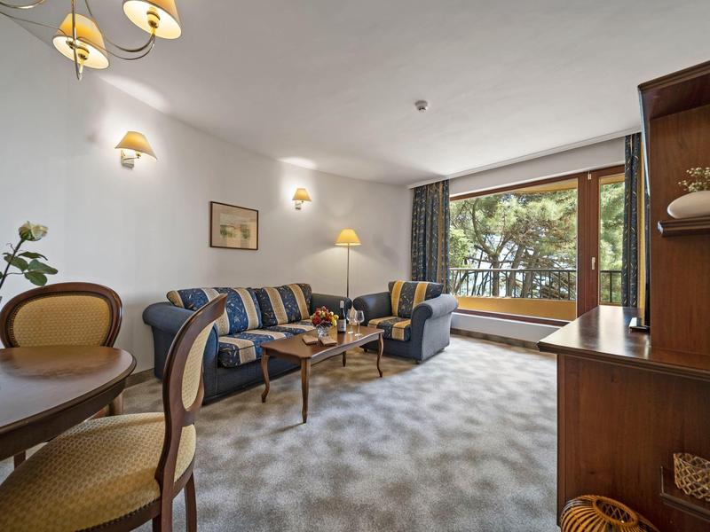 Cozy hotel room with sofas, table, chairs, and large windows overlooking trees.